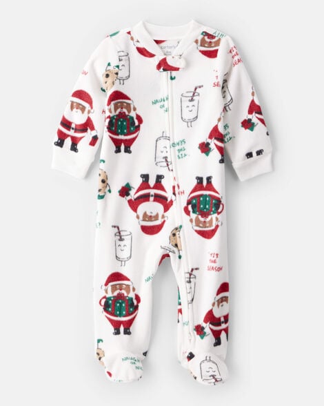 baby brown santa milk & cookies loose fit fleece long-sleeve sleep & play pajamas - white