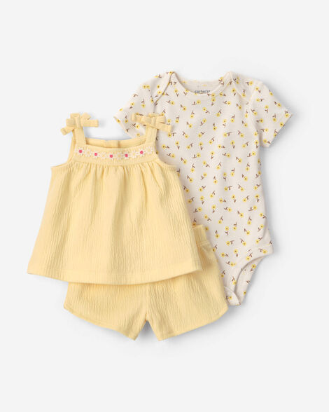 baby girl 3-piece daisy floral bodysuit & short set - yellow