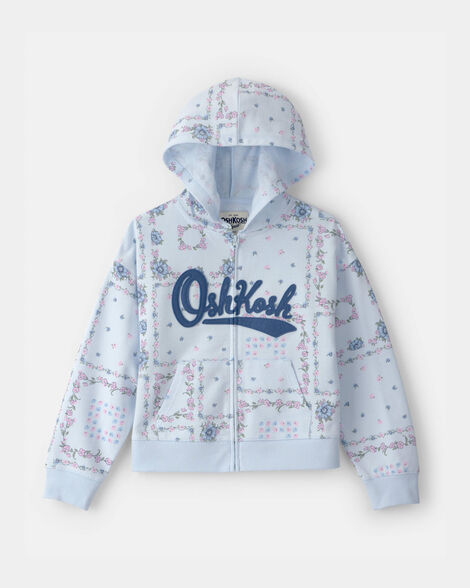 Girls Floral OshKosh Logo Zip-Up Hoodie - Blue