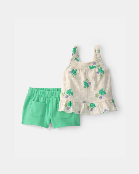 baby girl 2-piece fish ruffle tank top & short set - green/ivory