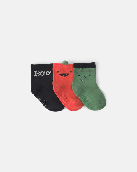 baby 3-pack halloween booties - green/black/orange
