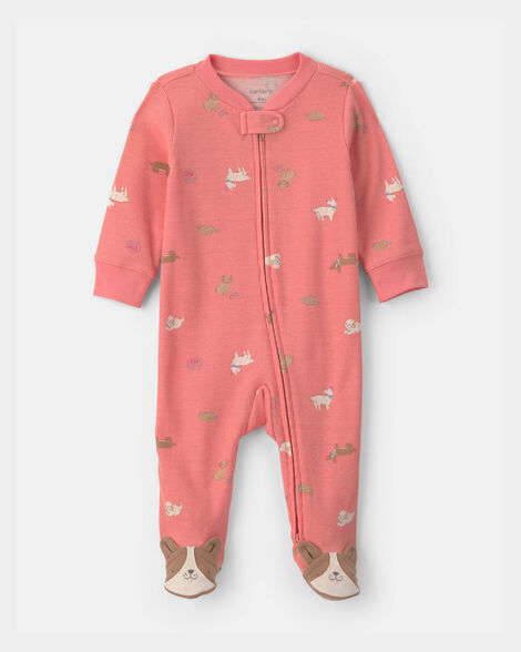 baby girl dog cotton 2-way zip sleep & play pajamas - coral