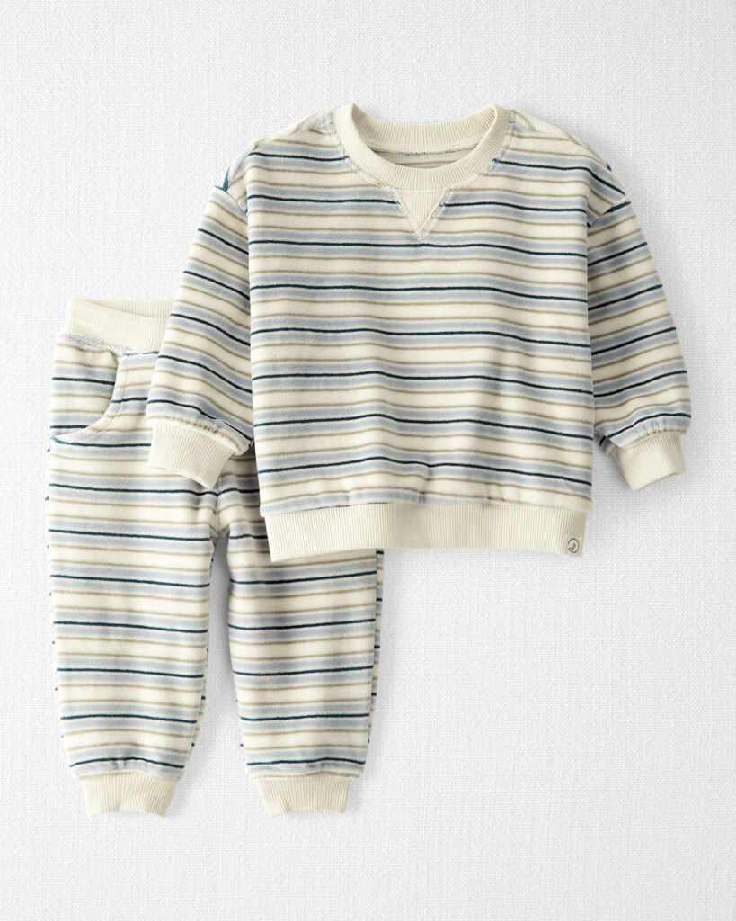 Little Planet Baby 2-Piece Organic Cotton Velour Pullover & Pant Set 12M Blue Stripes