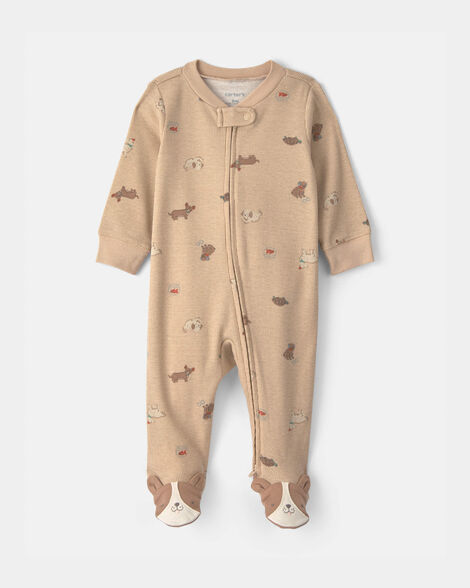 baby dog cotton 2-way zip sleep & play pajamas - brown
