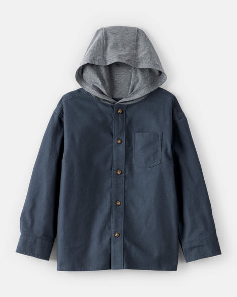 Boys Hooded Button-Down Shirt - Blue