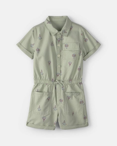 Girls Floral Cargo Romper - Green