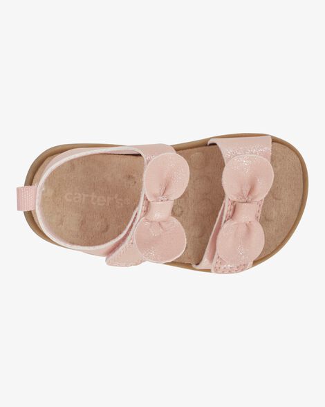 Gold-Striped Fabric & Satin Bow Baby First Walkers