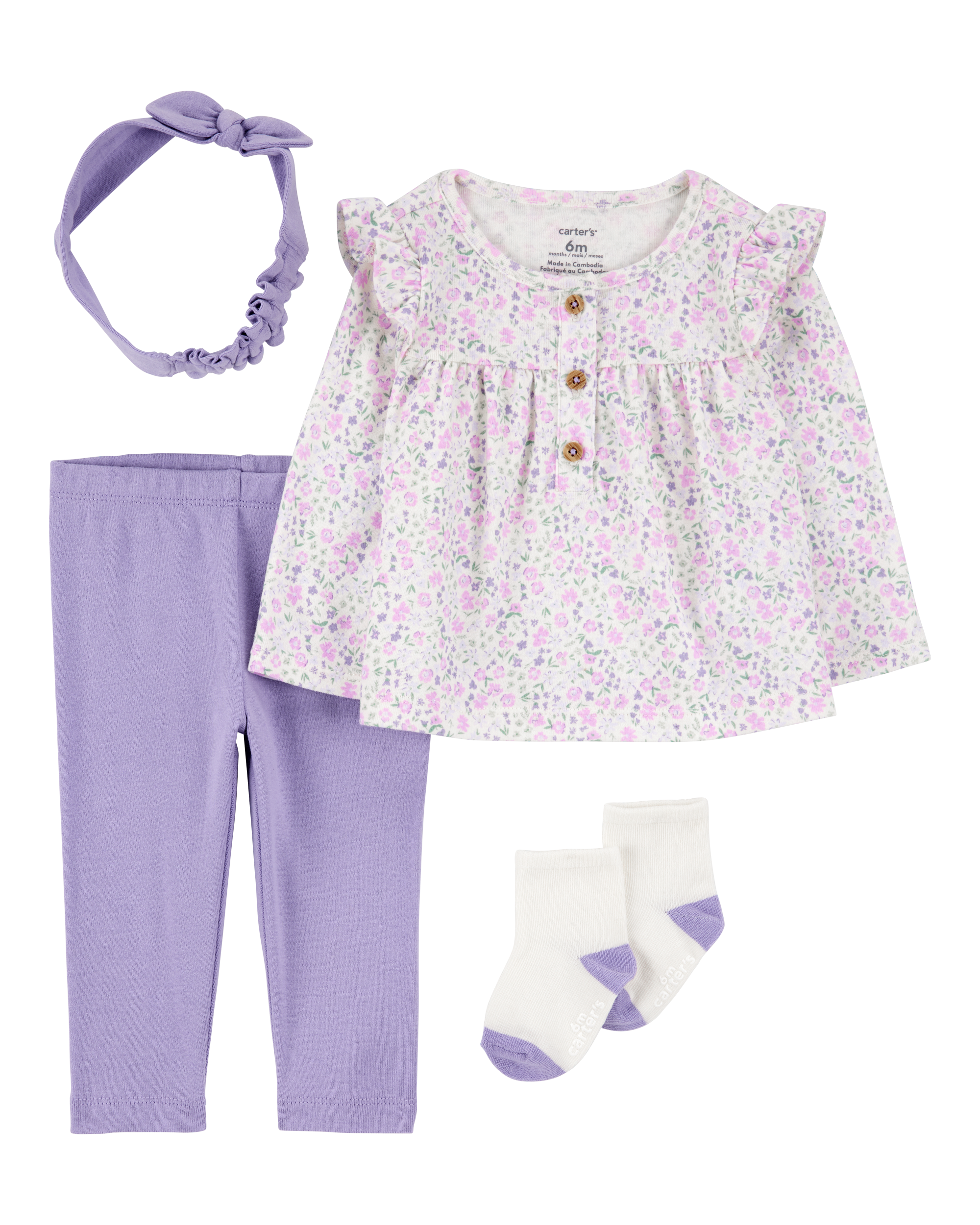 Baby Girl 4-Piece Floral Outfit Set - Purple