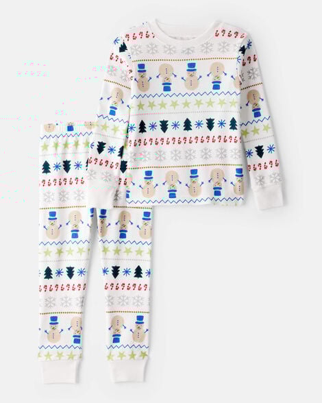 toddler snowman fair isle 100% cotton long-sleeve snug fit 2-piece pajamas - white