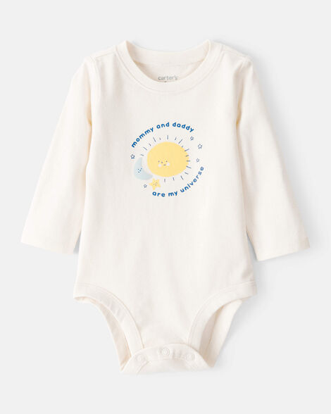 baby "mommy & daddy are my universe" cotton long-sleeve graphic bodysuit - ivory