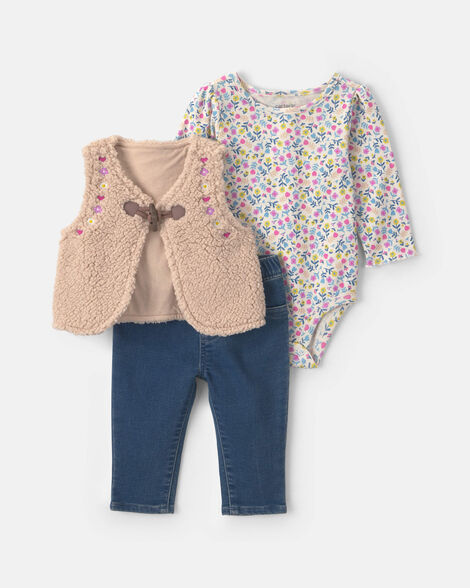 baby girl 3-piece floral teddy fleece long-sleeve layering set