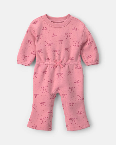 baby girl bow fleece long-sleeve jumpsuit - pink