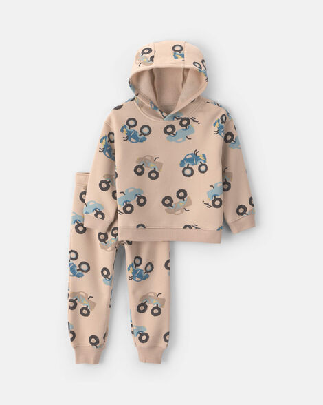 baby boy 2-piece monster truck hooded top & pant set - brown