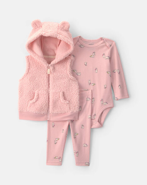 baby girl 3-piece bear teddy fleece long-sleeve layering set - pink