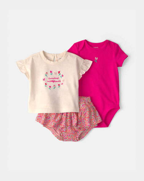 baby girl 3-piece 'sweetest wildflower' outfit set - pink/cream