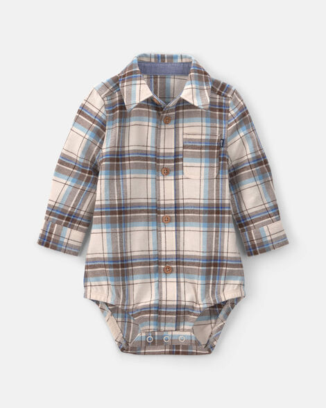 Baby Boy Plaid Flannel Bodysuit - Grey/Blue/Brown