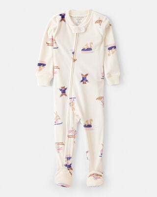 Baby Girl Bunny Winter Print 100% Cotton Long-Sleeve Snug Fit 4-Piece Pajamas - Blue/White