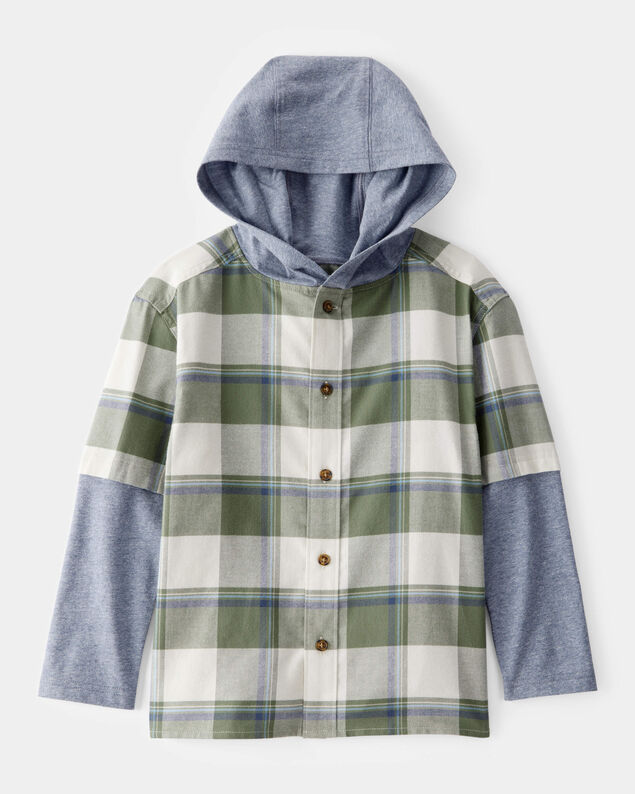 Product image 1 of Boys Plaid Layered-Look Button-Down Hooded Tee - Green