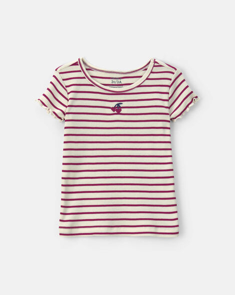 toddler girl cherry striped rib top - burgundy/cream