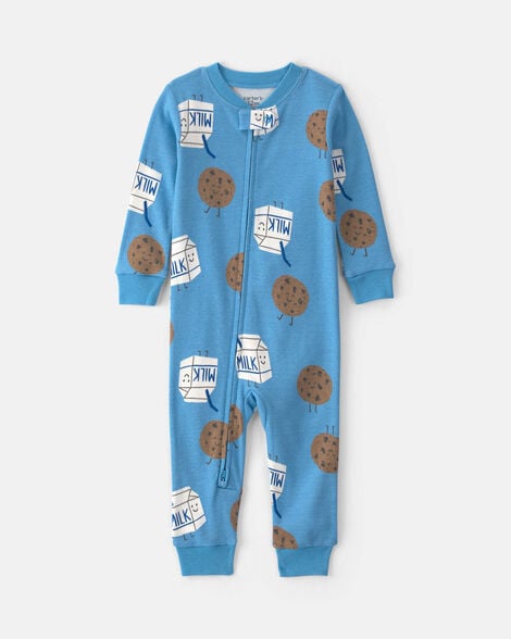 toddler boy 1-piece milk & cookies 100% cotton snug fit pajama - blue