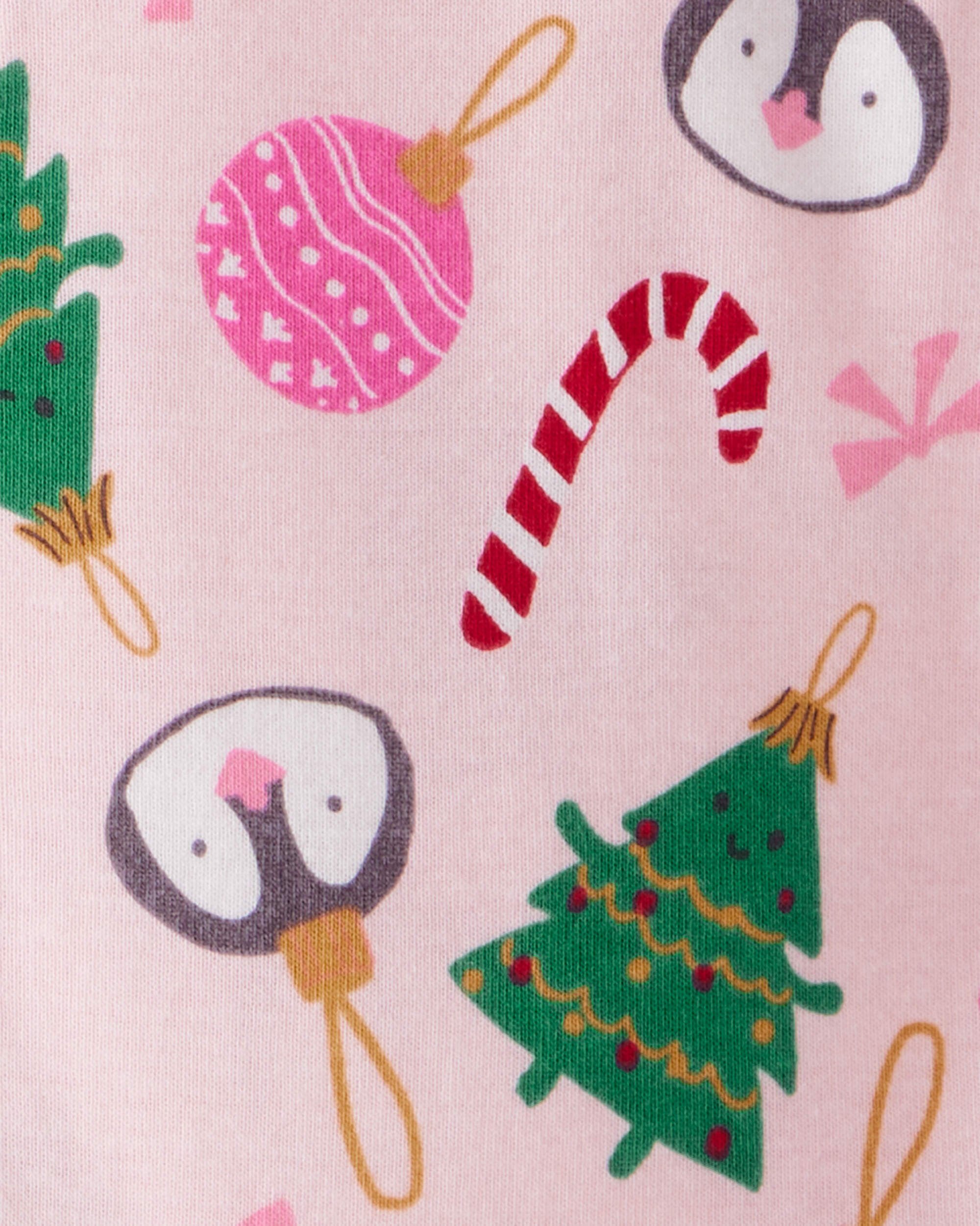Baby Girl Pink Ornaments 100% Cotton Long-Sleeve Snug Fit 2-Way Zip 1-Piece Pajamas - Pink