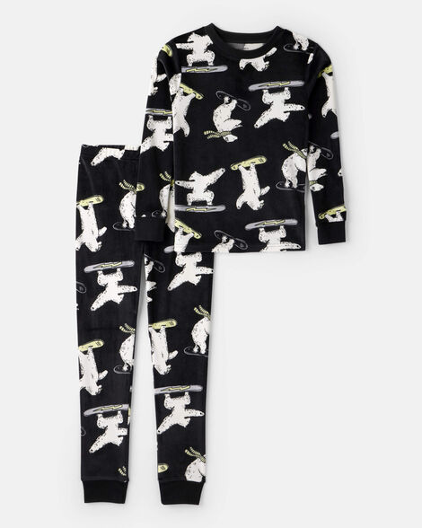boys polar bear print dreamplush long-sleeve snug fit 2-piece pajamas - black