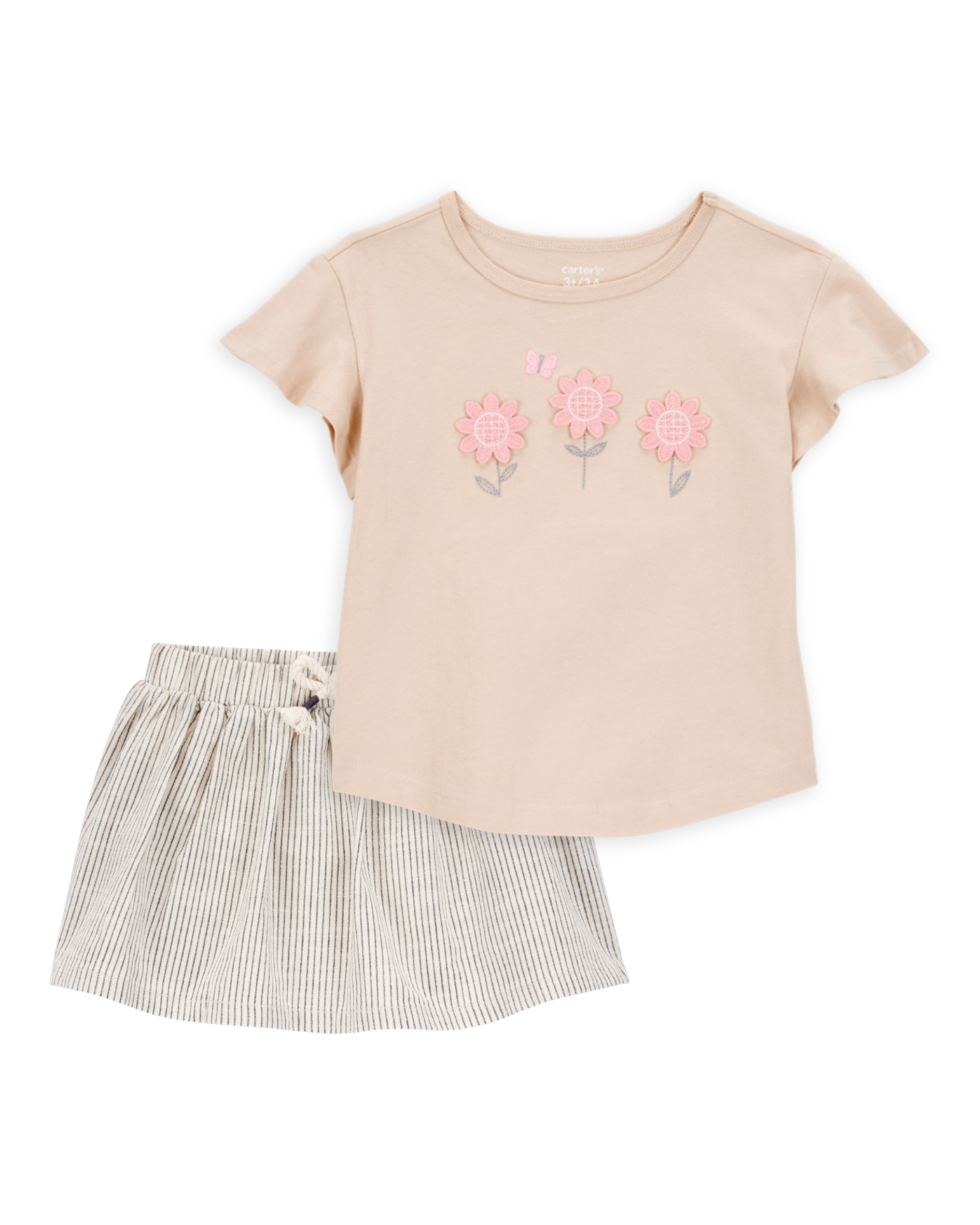 Baby 2-Piece Floral Short-Sleeve Top & Striped Skort Set - Tan/Black