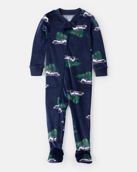 Product image 1 of Baby Boy Car Print Velour Long-Sleeve Loose Fit 1-Piece Pajamas - Navy