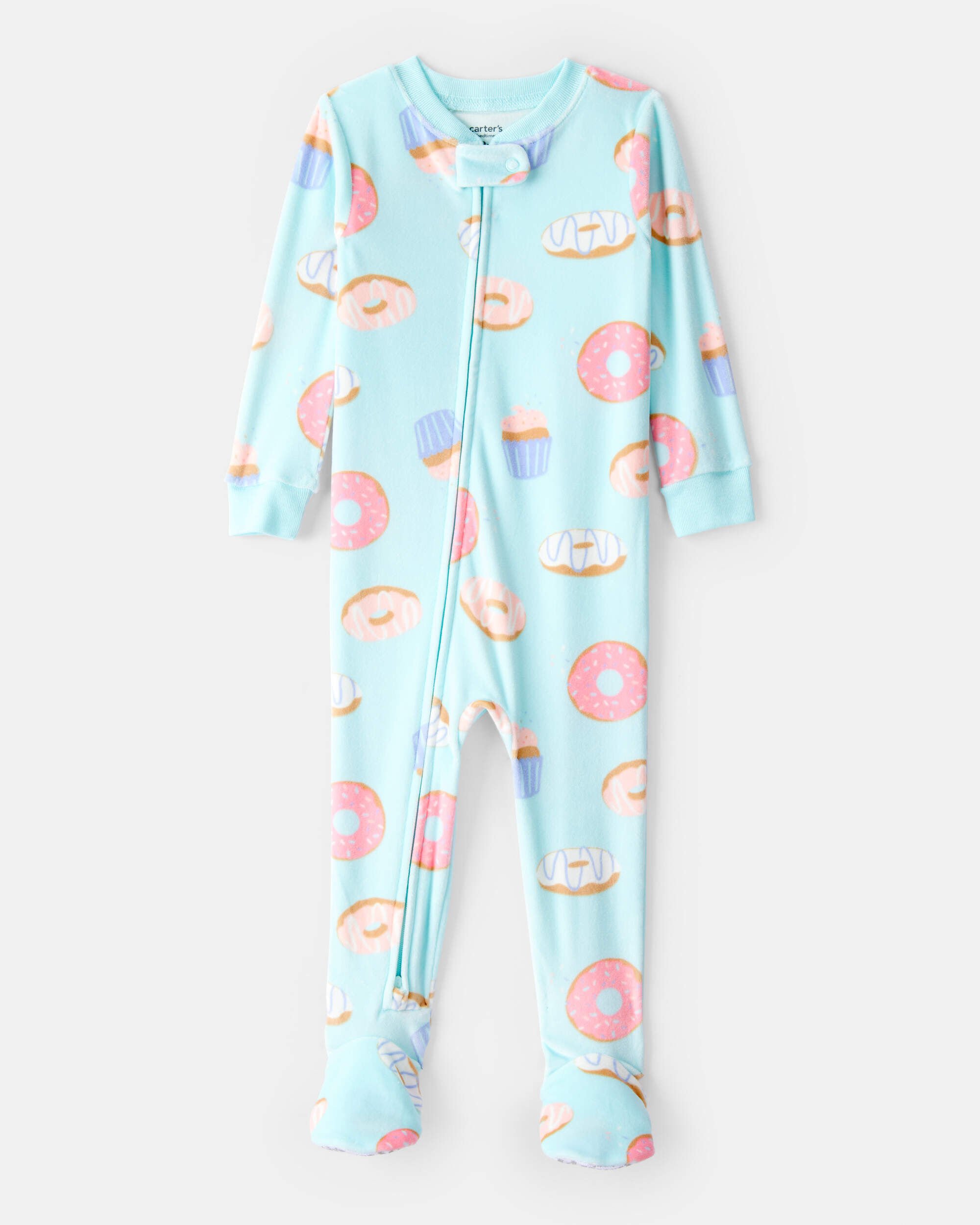 Toddler Girl Donuts Print Velour Long-Sleeve Snug Fit 1-Piece Pajamas - Blue