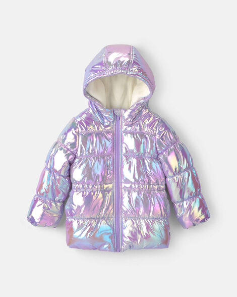 toddler girl iridescent hooded heavyweight winter jacket - purple