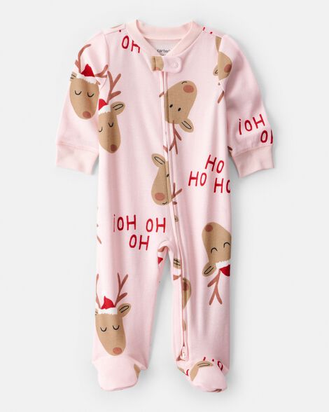 baby girl reindeer 100% cotton snug fit 2-way zip sleep & play pajamas - pink
