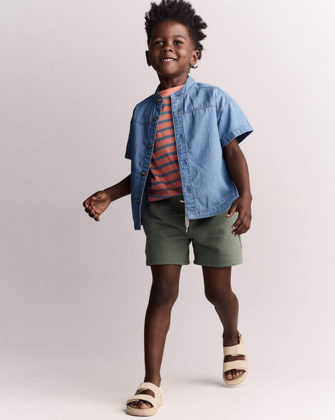 Toddler Boy Mandarin Collar Button-Down Shirt in Chambray