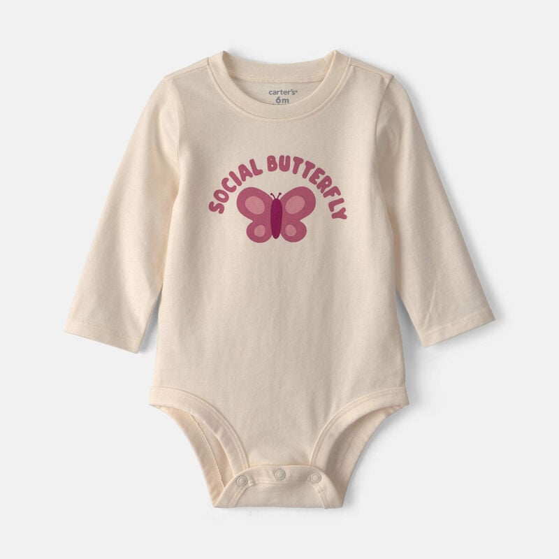 Baby Girl 'Social Butterfly' Long-Sleeve Graphic Bodysuit - Cream