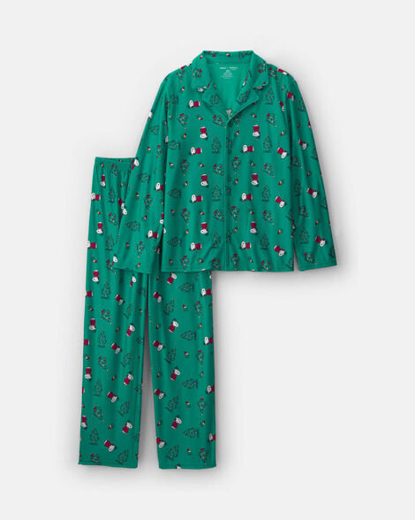 adult 2-piece snoopy christmas fleece loose fit pajama set - green
