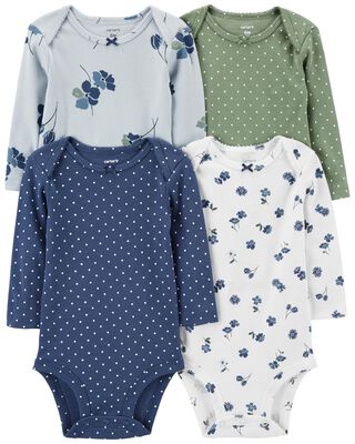 Product image 1 of Baby 4-Pack Long-Sleeve Floral & Polka Dot Bodysuits