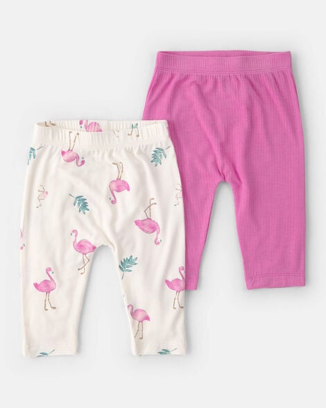Image of Baby Girl 2-Pack Flamingo PurelySoft Pull-On Pants - Pink/Ivory