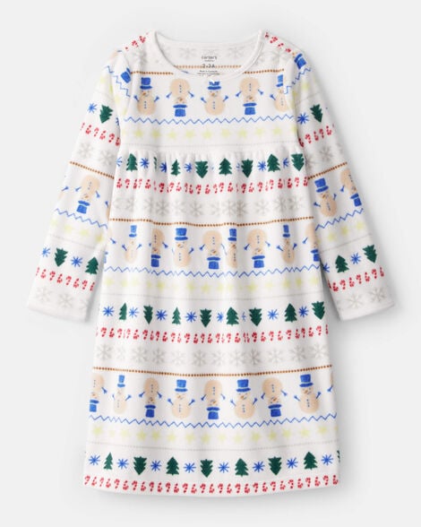 girls snowman fair isle fleece long-sleeve loose fit night gown - white