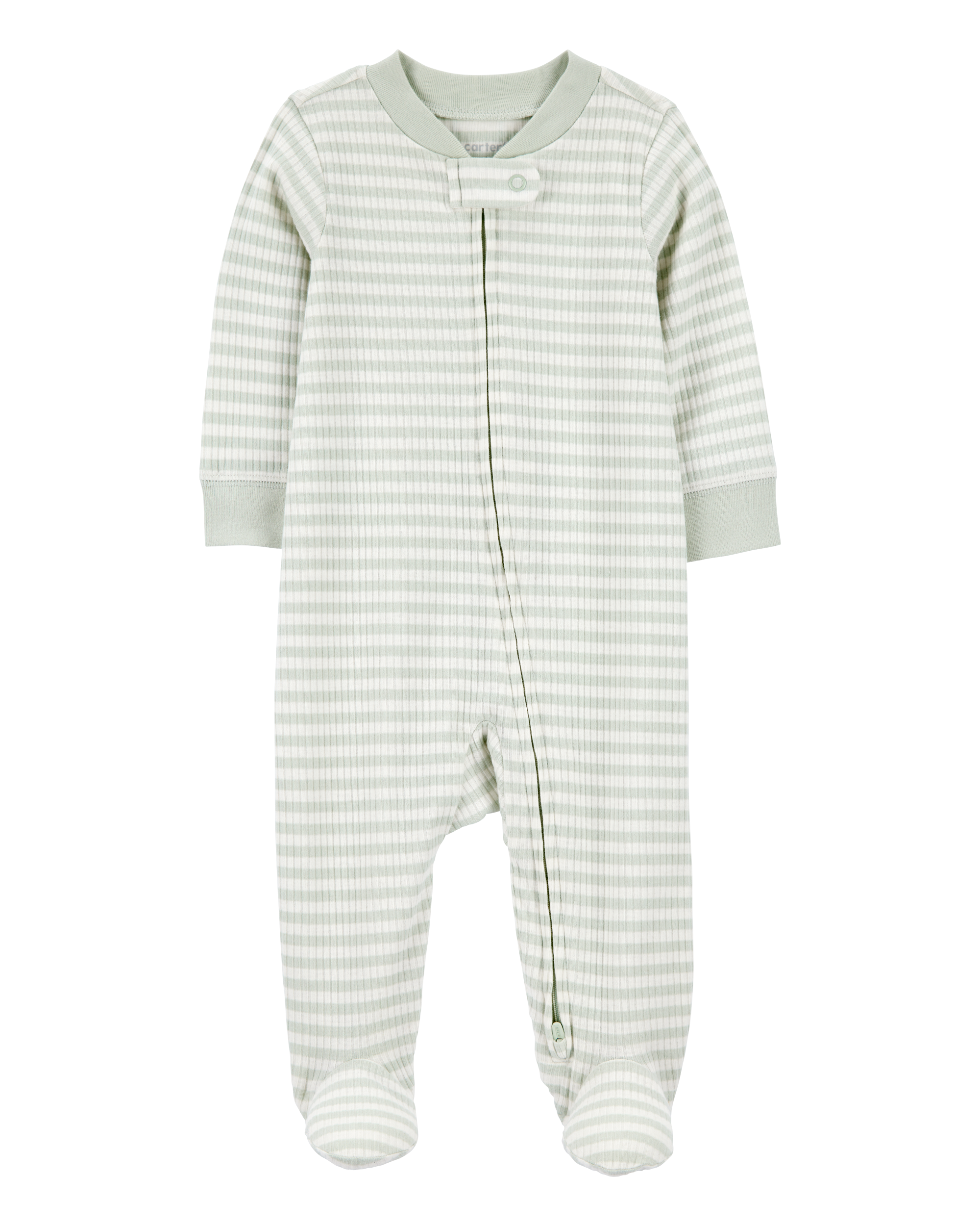 Baby Boy Striped 2-Way Zip Ribbed Sleep & Play Pajamas - Green/White