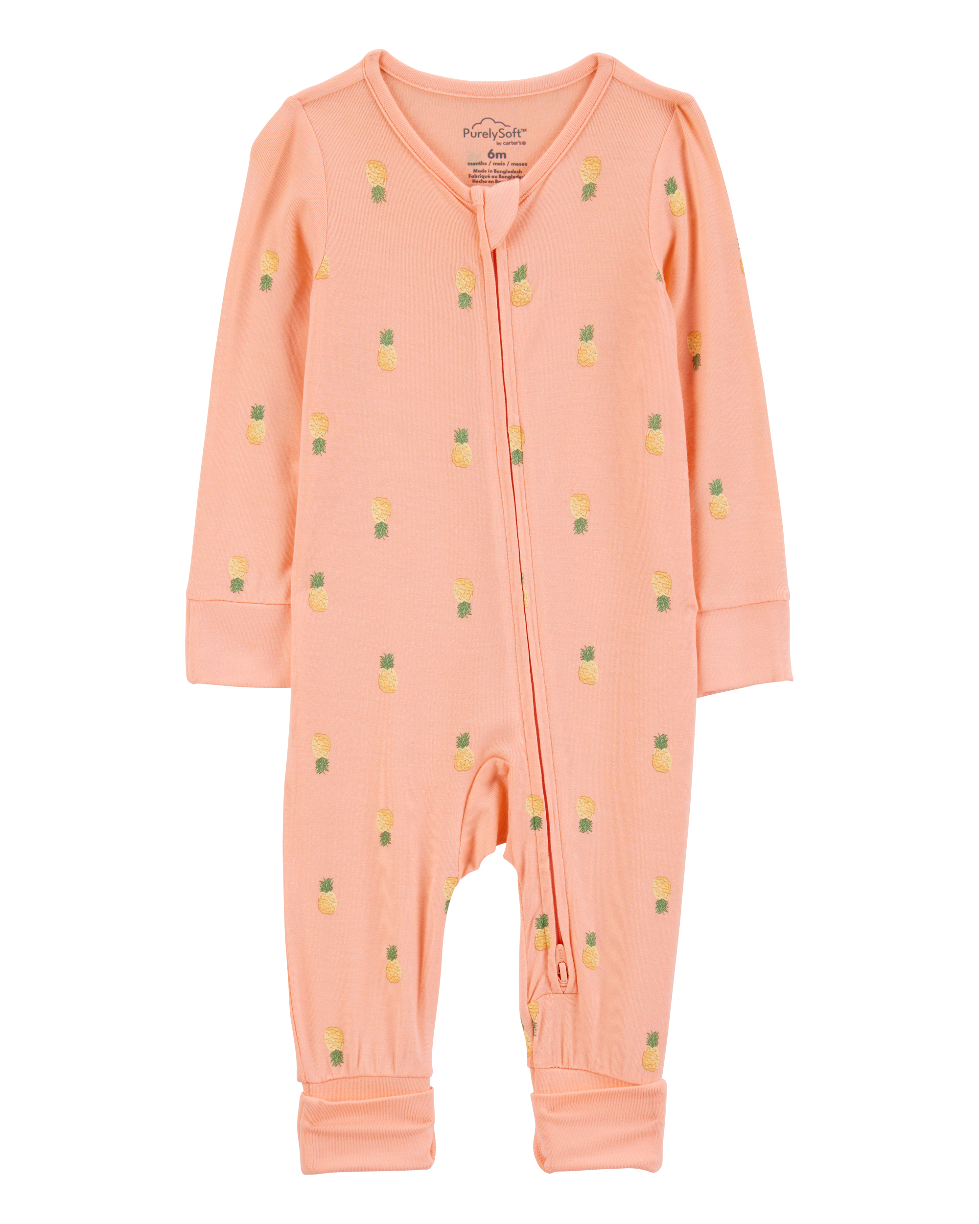 Baby Girl Pineapple Print 2-Way Zip PurelySoft Convertible Foot Sleep & Play Pajamas - Coral