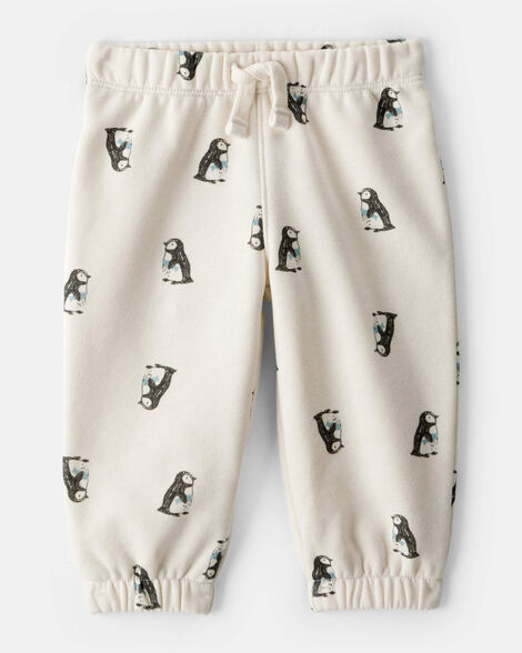 baby boy penguin print fleece pants - cream