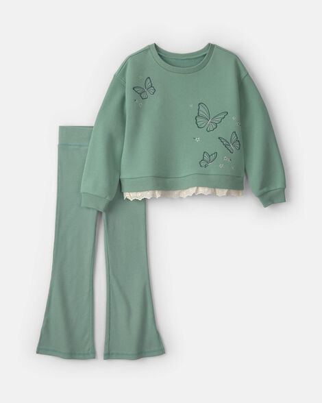 girls 2-piece butterfly fleece long-sleeve top & pant set - green