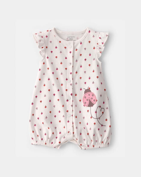 baby girl ladybug flutter sleeve romper - ivory