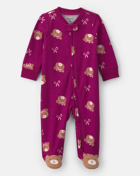 baby girl bear 100% cotton 2-way zip sleep & play pajamas - purple