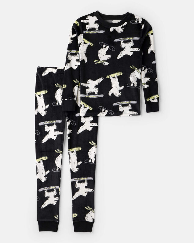 Product image 1 of Boys Polar Bear Print Velour Long-Sleeve Snug Fit 2-Piece Pajamas - Black