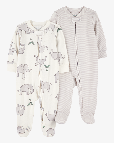 baby 2-pack striped elephant 2-way zip cotton sleep & play pajamas - grey