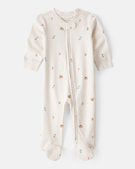 baby mini christmas 100% cotton sleep & play pajamas - cream