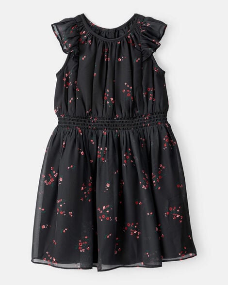girls floral short-sleeve occasion dress - black