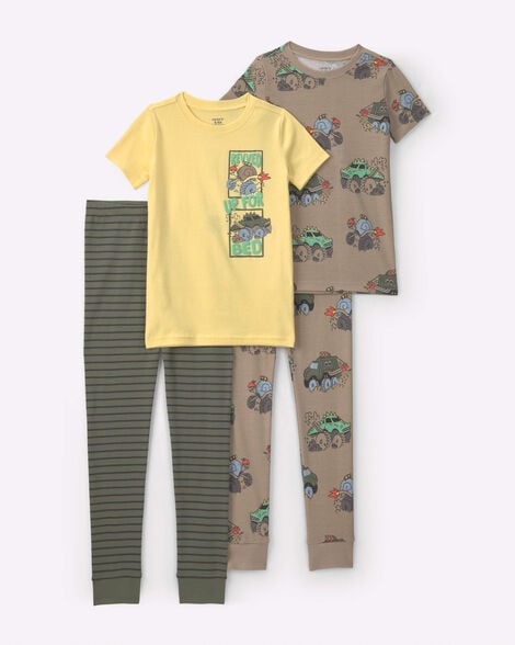 boys 4-piece 'up for bed' monster truck cotton pajama set - yellow/brown