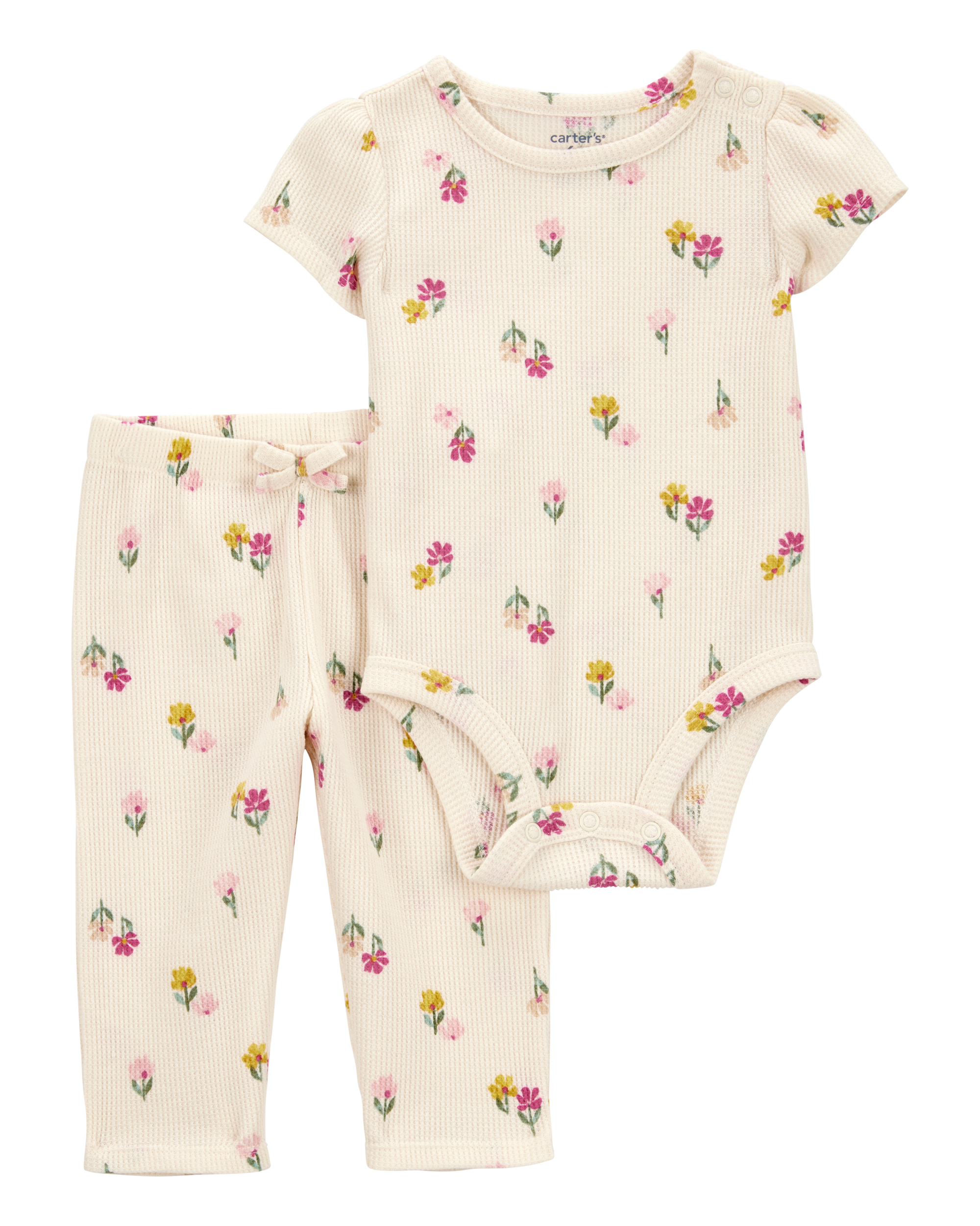 Baby 2-Piece Floral Short-Sleeve Waffle Knit Bodysuit Pant Set - Ivory