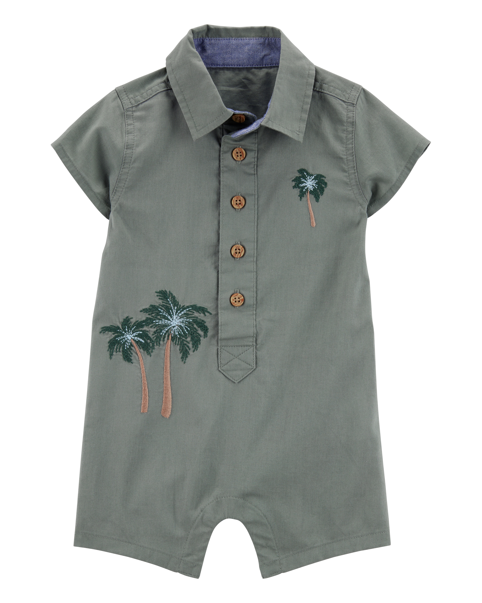 Baby  Palm Tree Print Button-Front Romper-Green